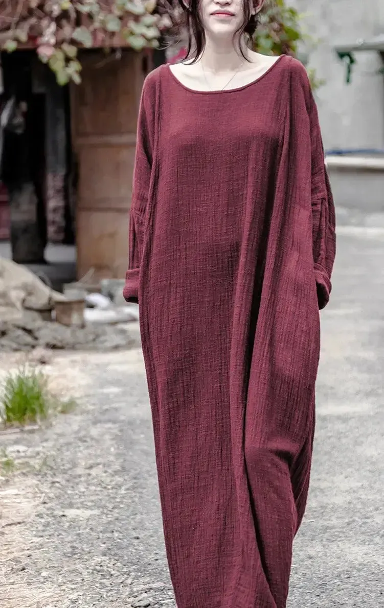 Oversized Women's Linen Dress Robe Dress with Long Sleeves